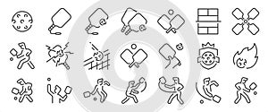 Pickleball icon set. It includes Racquet sport, Paddlesport, court, game, tournament, and more icons. Editable Vector Stroke.